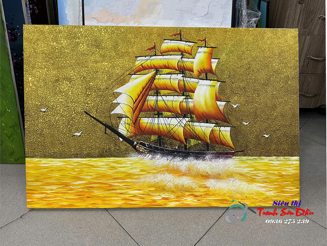 Tranh thuận buồm xuôi gió vàng sơn dầu 90x60, cam kết chất lượng