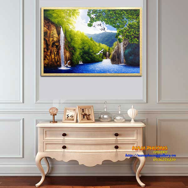 Tranh sơn dầu phong cảnh thác nước đẹp tsd223 trang trí nhà