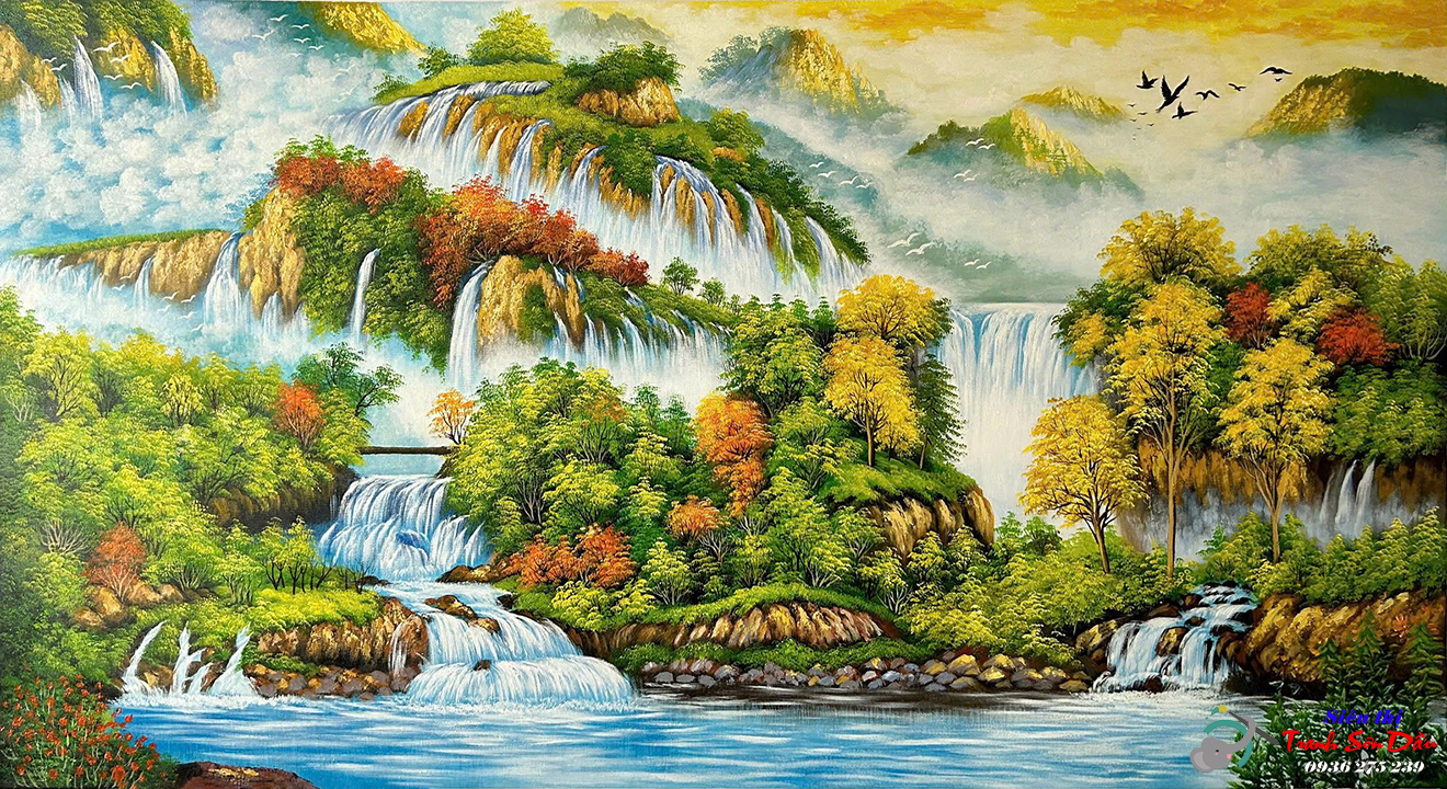 Tranh sơn dầu sơn thủy hữu tình STT563 đẹp độc đáo trang trí nội thất