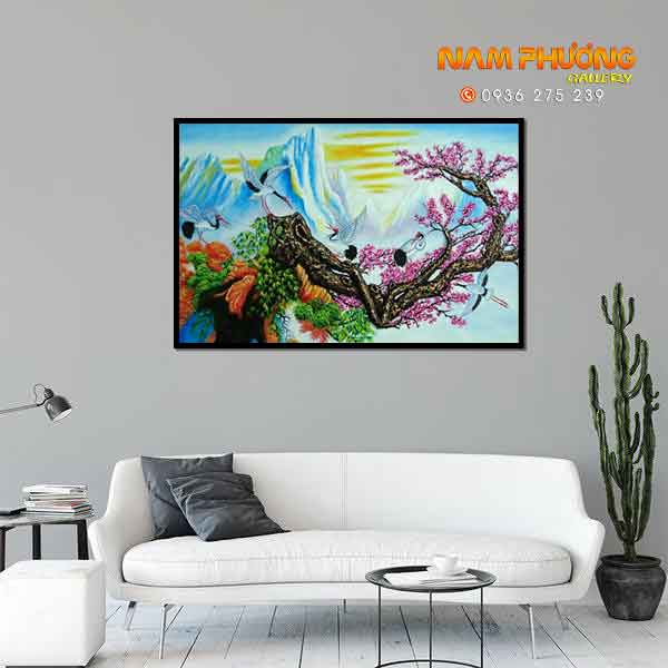 Tranh Sơn Dầu Tùng Hạc Diên Niên 80x60cm Trang Trí Cao Cấp