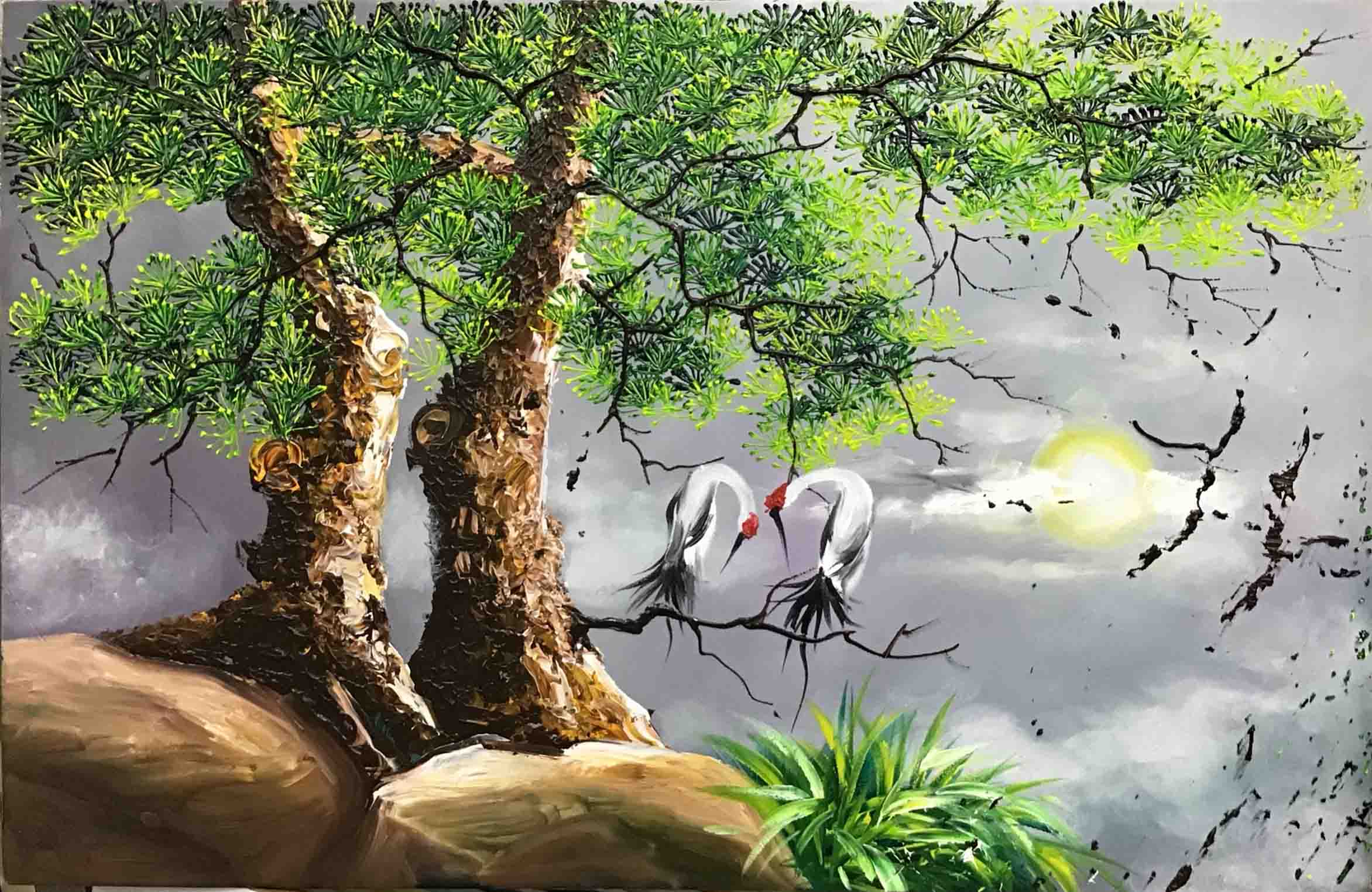 Tranh Tùng Hạc Diên Niên TPT059 Sơn Dầu Cao Cấp, Đặt Theo Yêu Cầu