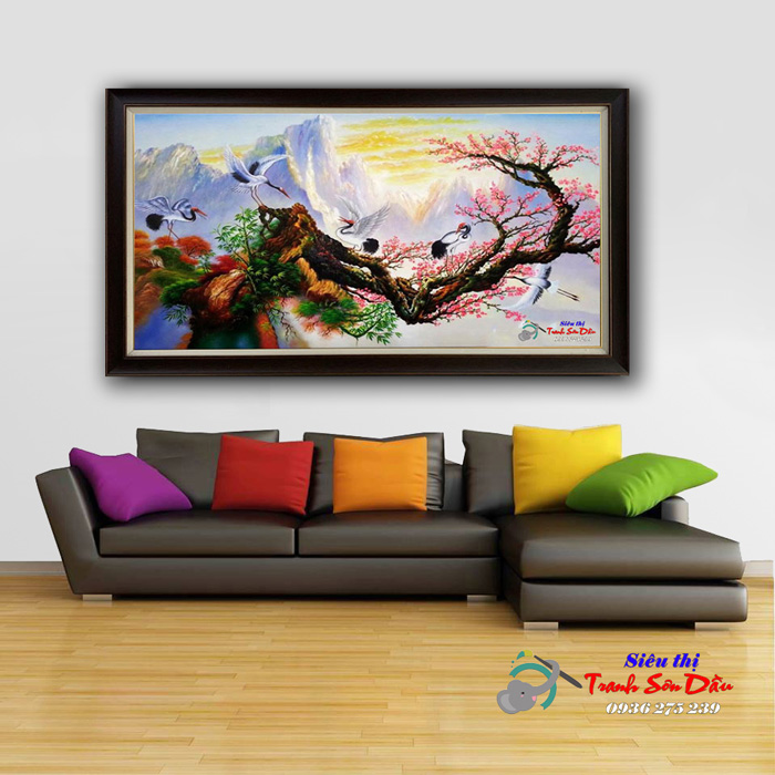 Tranh Tùng Hạc Diên Niên 03 Sơn Dầu Treo Phòng Khách Đẹp
