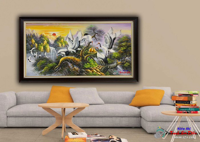 Tranh cây tùng đàn hạc sơn dầu đẹp tặng trang trí sang trọng