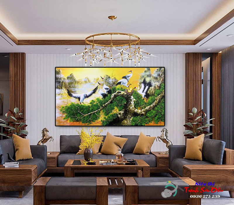 Tranh sơn dầu tùng hạc diên niên đẹp STT298, tranh treo tường cao cấp
