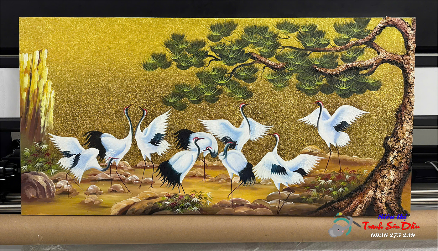 Tranh sơn dầu tùng hạc vàng, nghệ thuật độc đáo, trang trí sang trọng