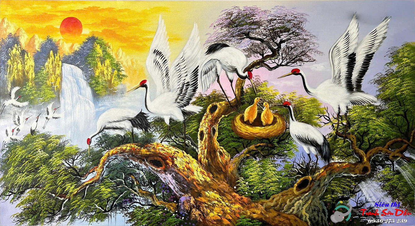 Tranh sơn dầu tùng hạc diên niên cao cấp tranh treo tường đẹp Minh Hưng