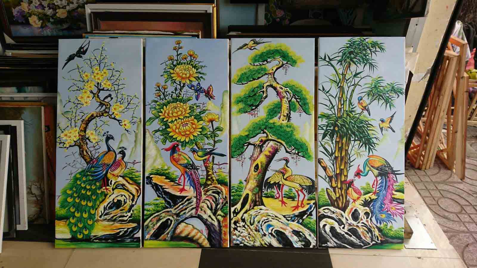 Tranh Bộ Mai Lan Cúc Trúc Sơn Dầu Canvas 250cm Khung Hàn Quốc