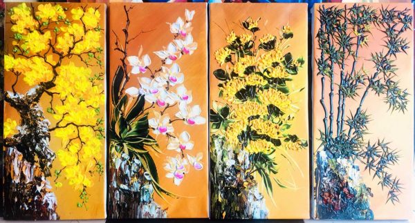 Tranh Bộ Mai Lan Cúc Trúc Sơn Dầu Canvas Khung Gỗ 160cm