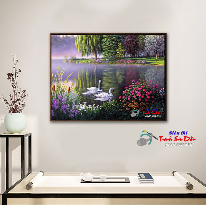 Tranh sơn dầu đôi ngỗng đang bơi canvas khung gỗ cao cấp