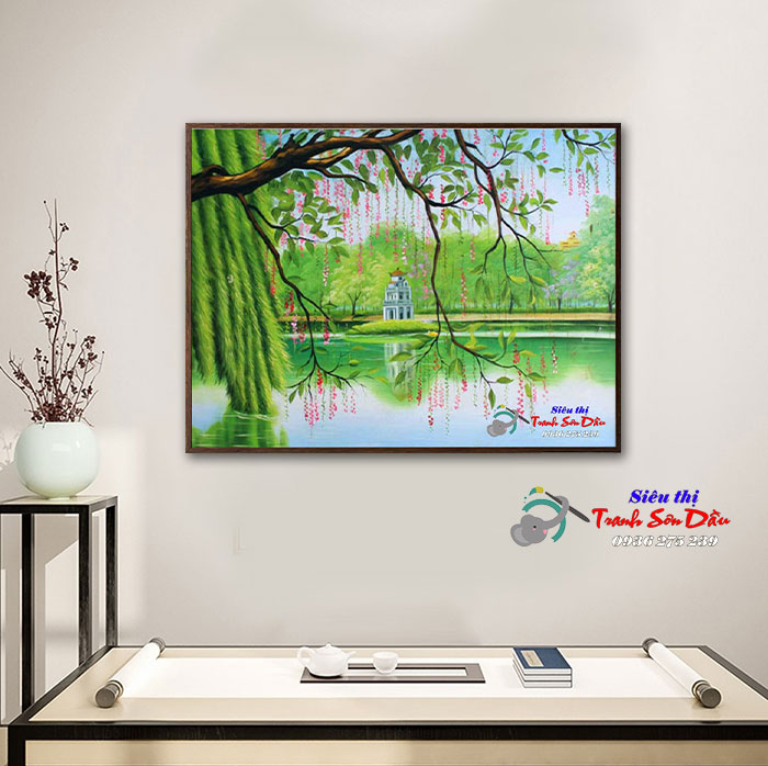 Tranh Phong Cảnh Hồ Gươm Hà Nội Sơn Dầu Vẽ Tay Canvas Cao Cấp 80x100cm
