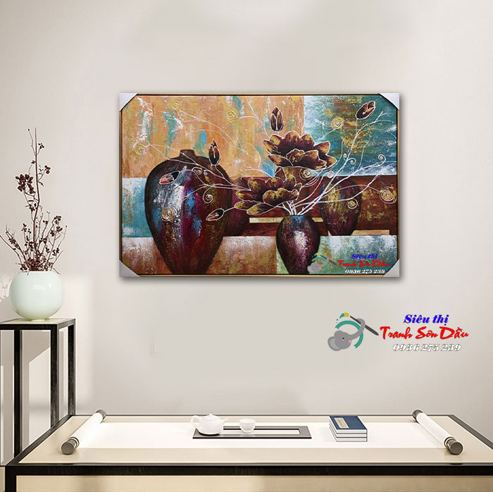 Tranh Lọ Hoa Hiện Đại Sơn Dầu 90x60cm Handmade Độc Đáo