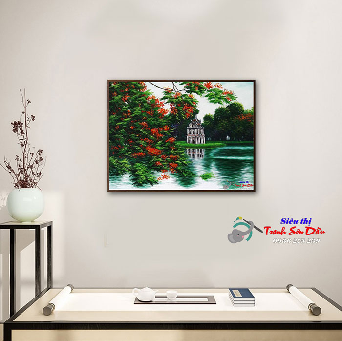 Tranh sơn dầu hồ Hoàng Kiếm canvas tranh tay vẽ khung composite Hàn Quốc
