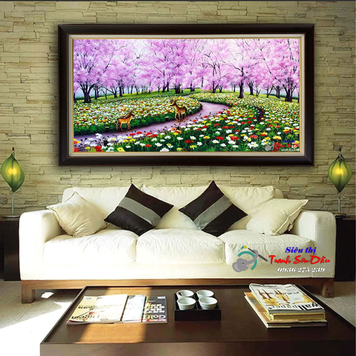 Tranh Sơn Dầu Công Viên THD046 Vẽ Tay 135x75cm Canvas Mới