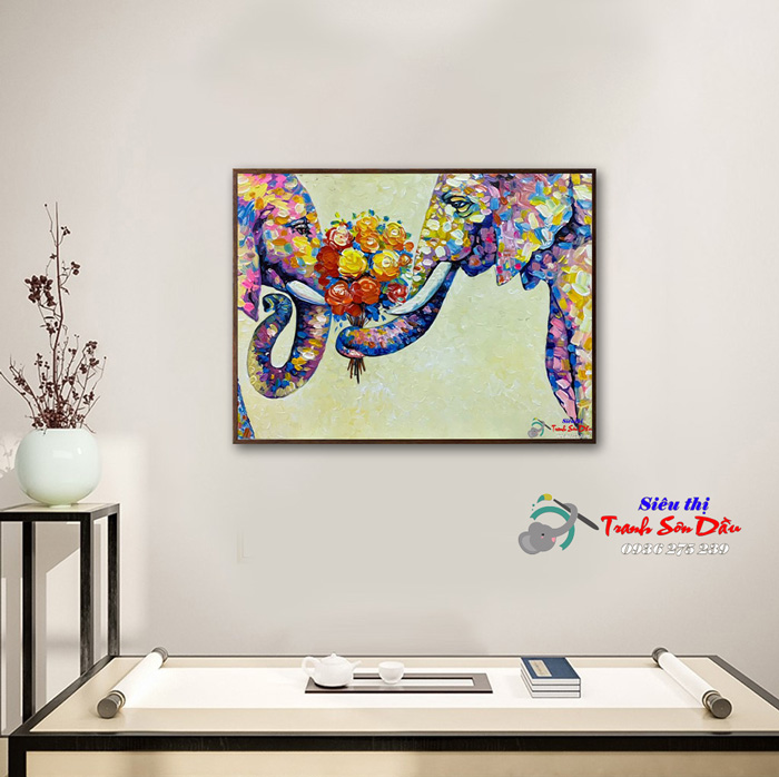 Tranh Đôi Voi Sơn Dầu Tay Vẽ Canvas Độc Bản