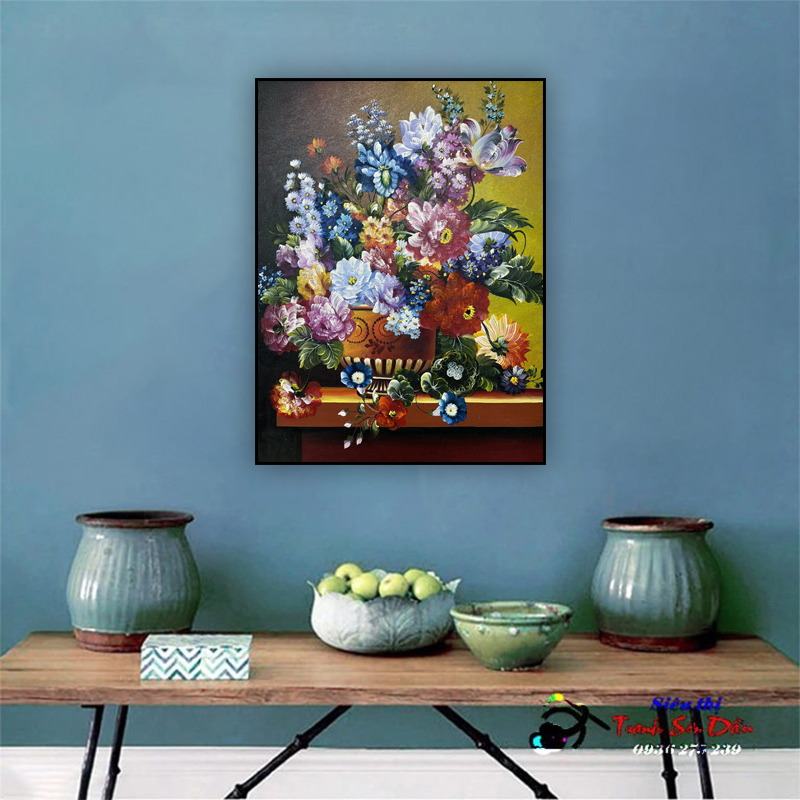 Tranh Sơn Dầu Bình Hoa Đẹp Canvas 80x60cm Tác Phẩm Độc Bản