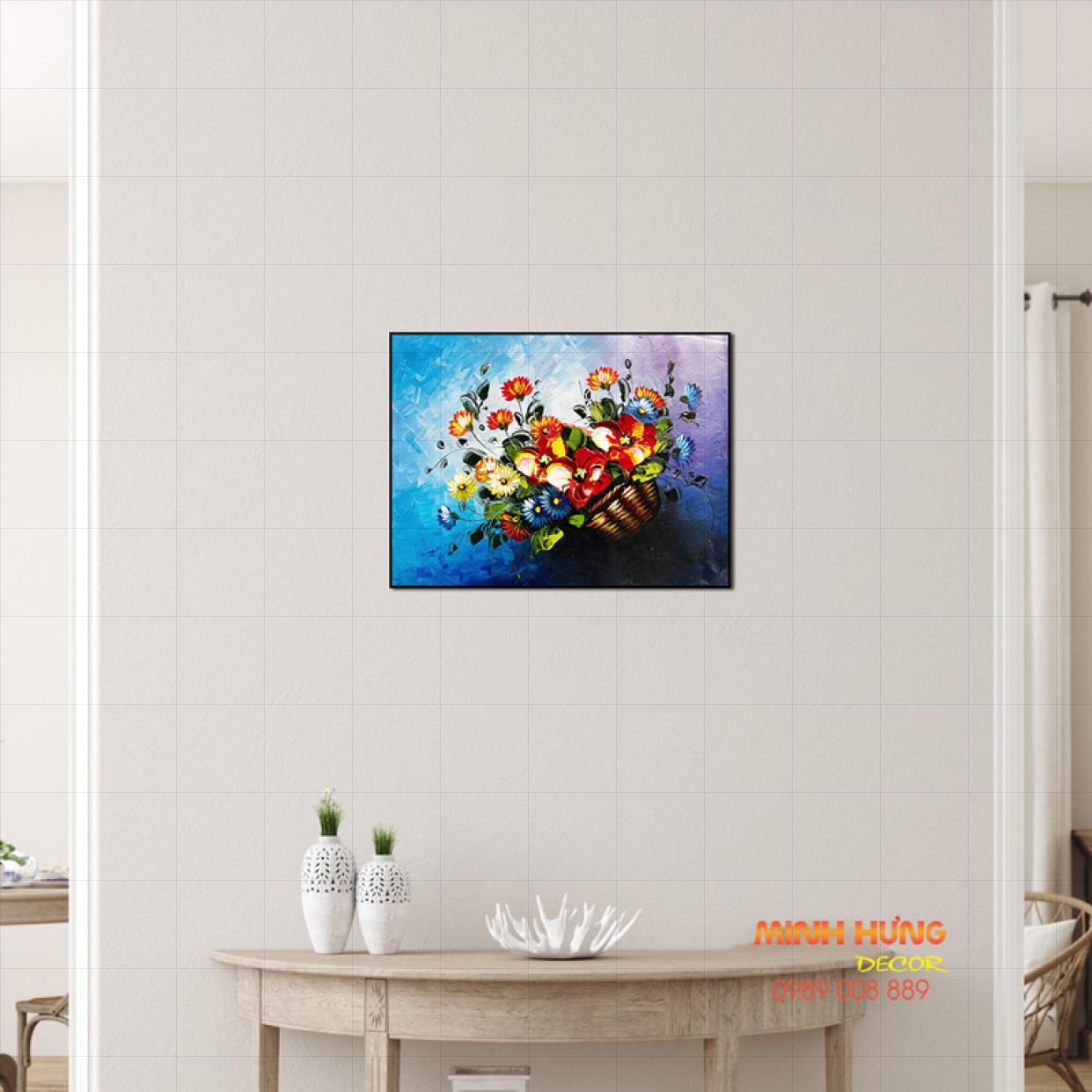 Tranh giỏ hoa sắc xanh đẹp vẽ tay tranh sơn dầu tặng quà 