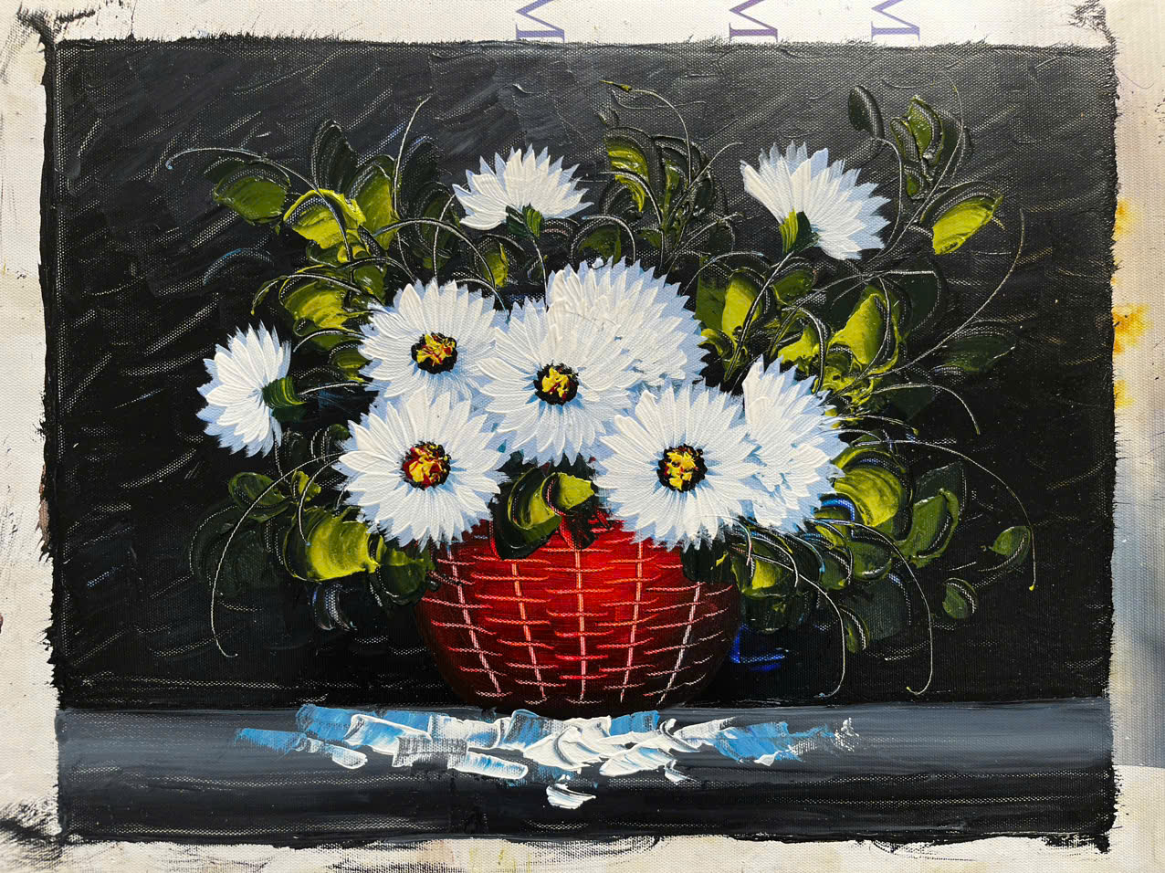 Tranh sơn dầu giỏ hoa cúc trắng đẹp 40x30 Minh Hưng Gallery