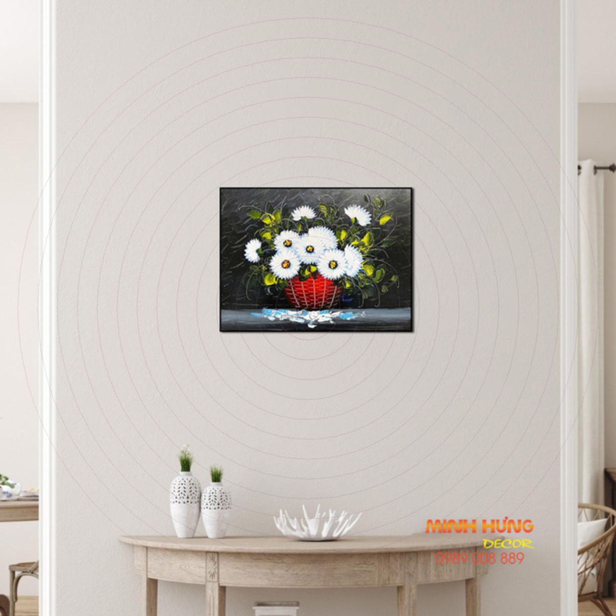 Tranh sơn dầu giỏ hoa cúc trắng đẹp 40x30 Minh Hưng Gallery 