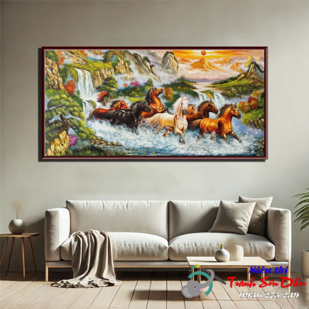 Tranh sơn dầu bát mã vượt thác 150x80 tranh treo tường đẹp 