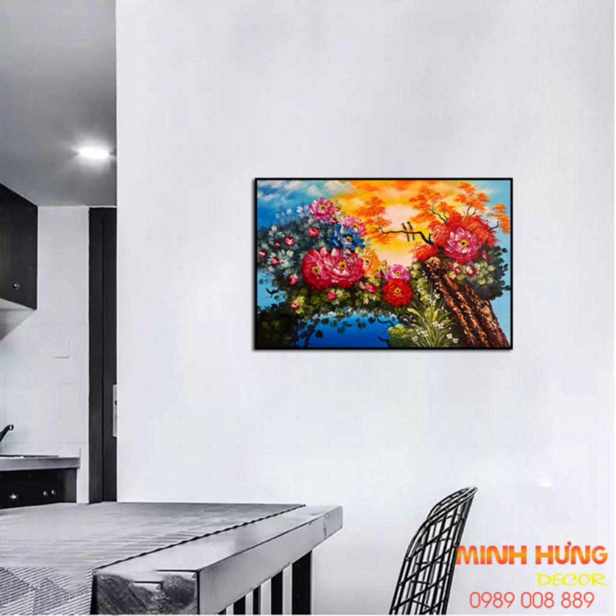 Tranh sơn dầu hoa mẫu đơn rực rỡ treo tường đẹp Minh Hưng 