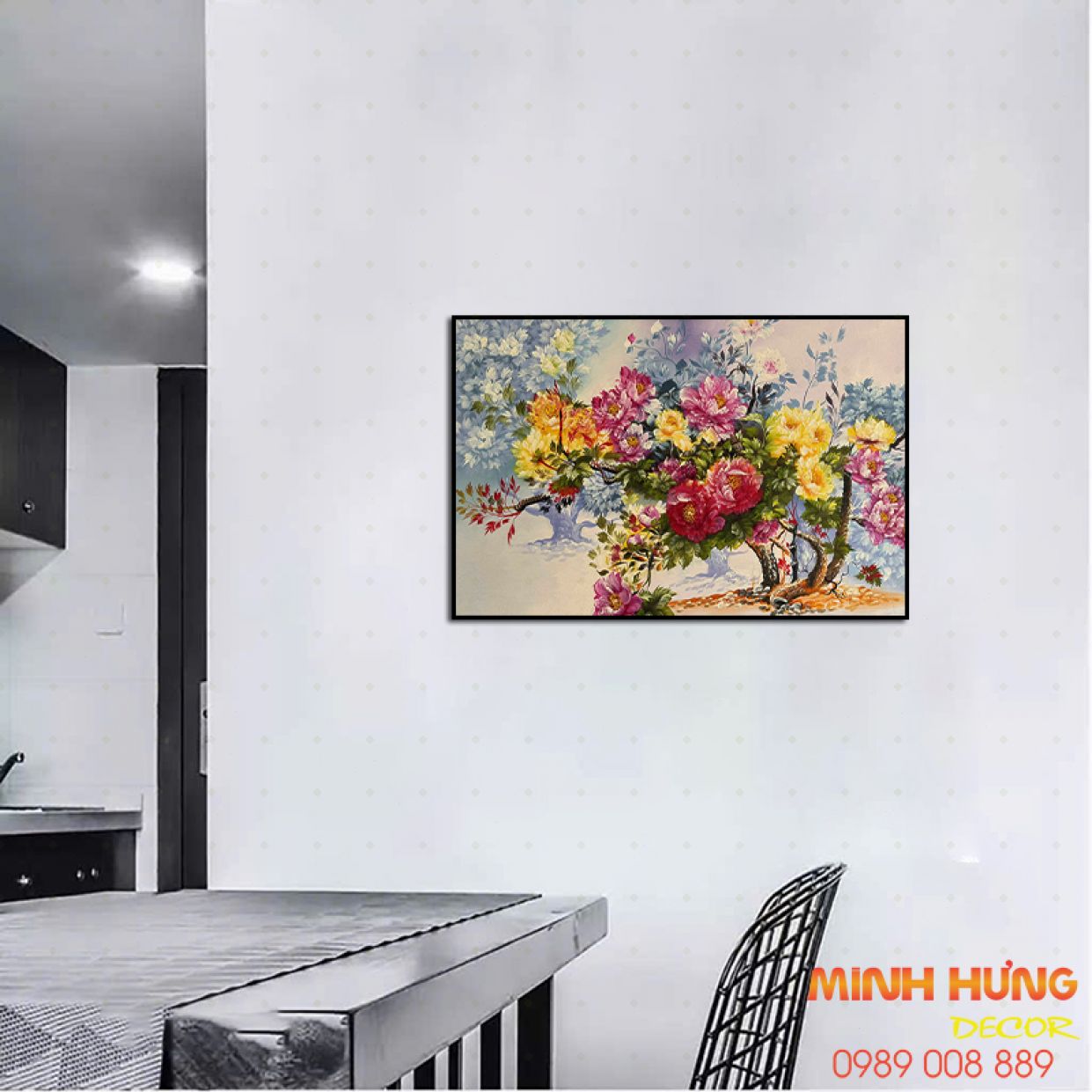 Tranh sơn dầu hoa mẫu đơn STT432 đẹp sang trọng khung gỗ cao cấp 