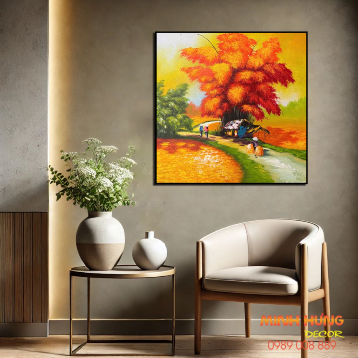Tranh sơn dầu làng quê đẹp 80x80 Minh Hưng Gallery tranh canvas giá tốt 
