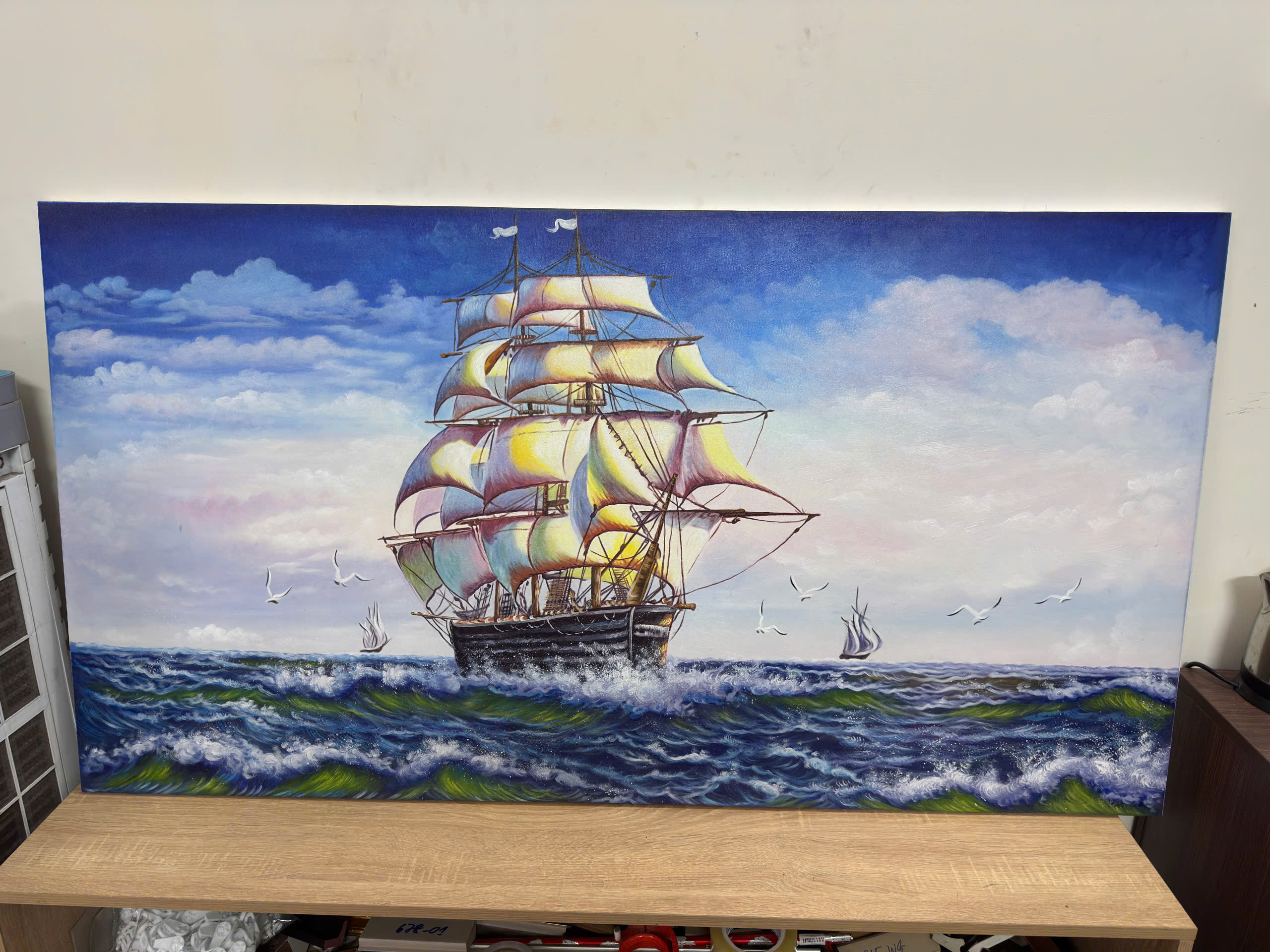 Tranh thuyền buồm chim hải yến sơn dầu tranh bố canvas đẹp