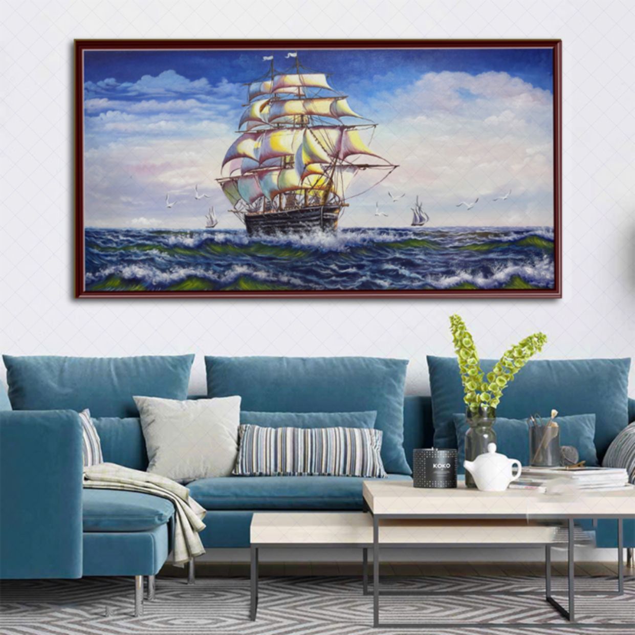 Tranh thuyền buồm chim hải yến sơn dầu tranh bố canvas đẹp 