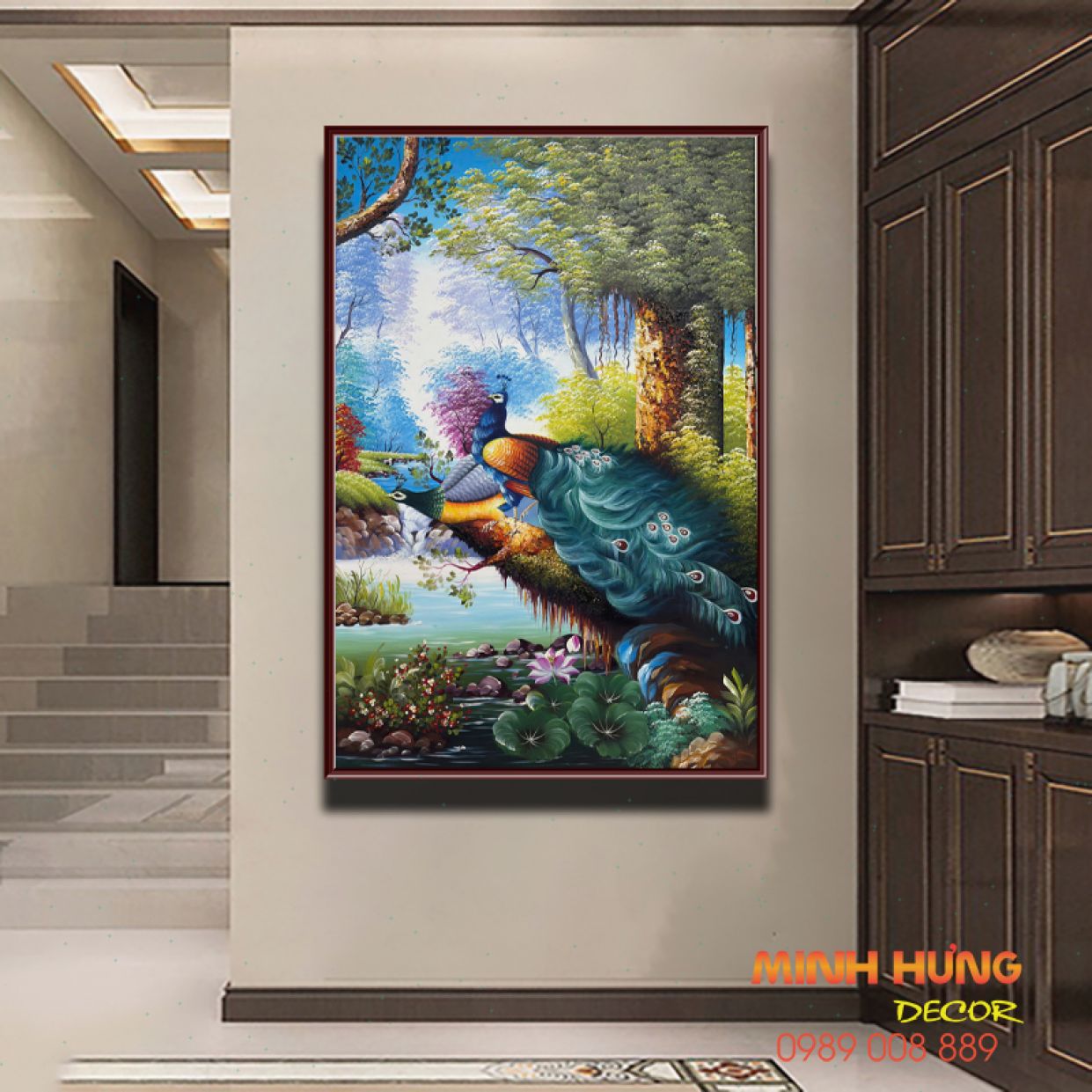 Tranh sơn dầu đôi chim công gốc tùng 120x80 khung đẹp sang trọng 