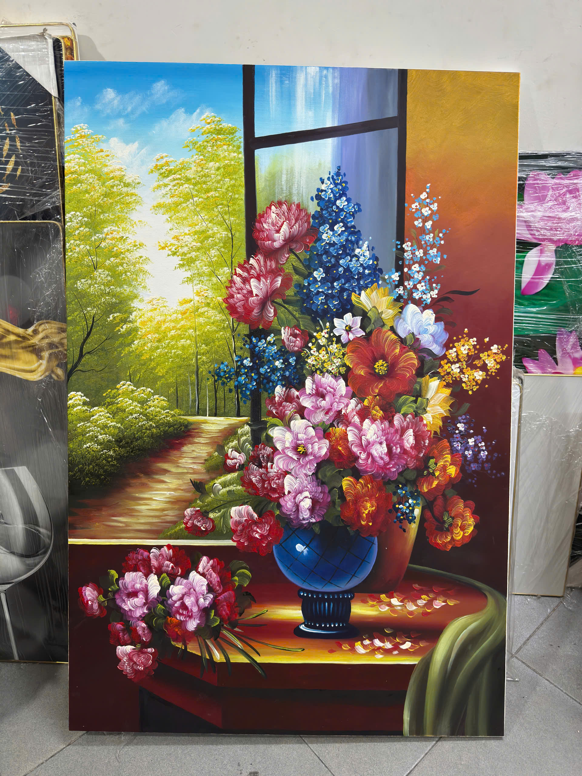 Tranh hoa mẫu đơn sơn dầu khung cửa sổ, tranh canvas độc đáo