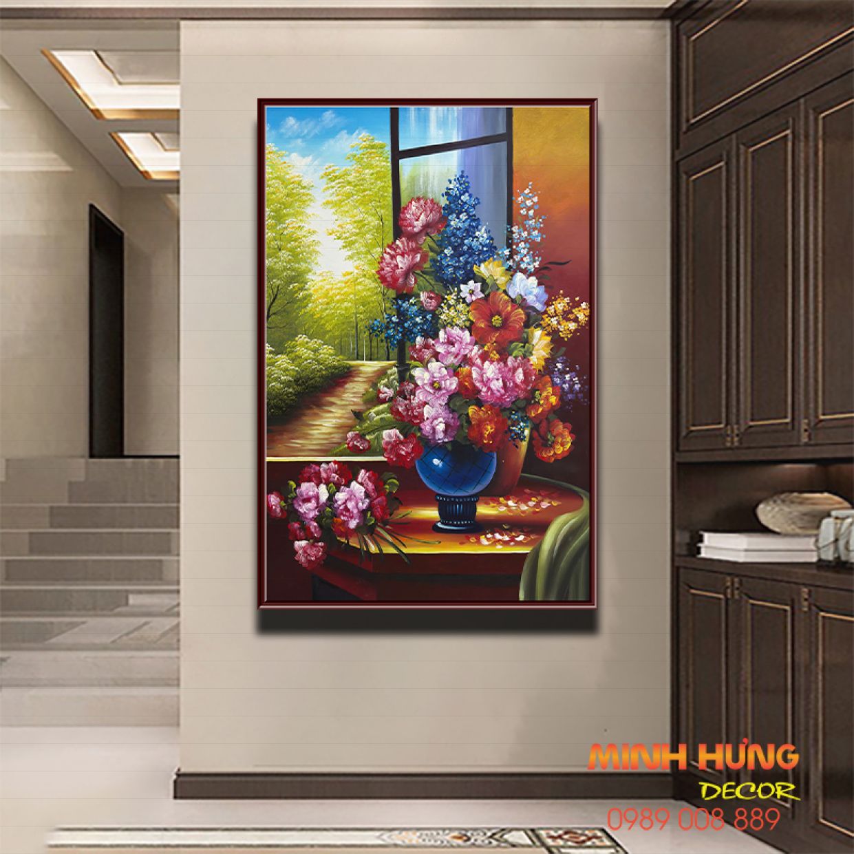 Tranh hoa mẫu đơn sơn dầu khung cửa sổ, tranh canvas độc đáo 