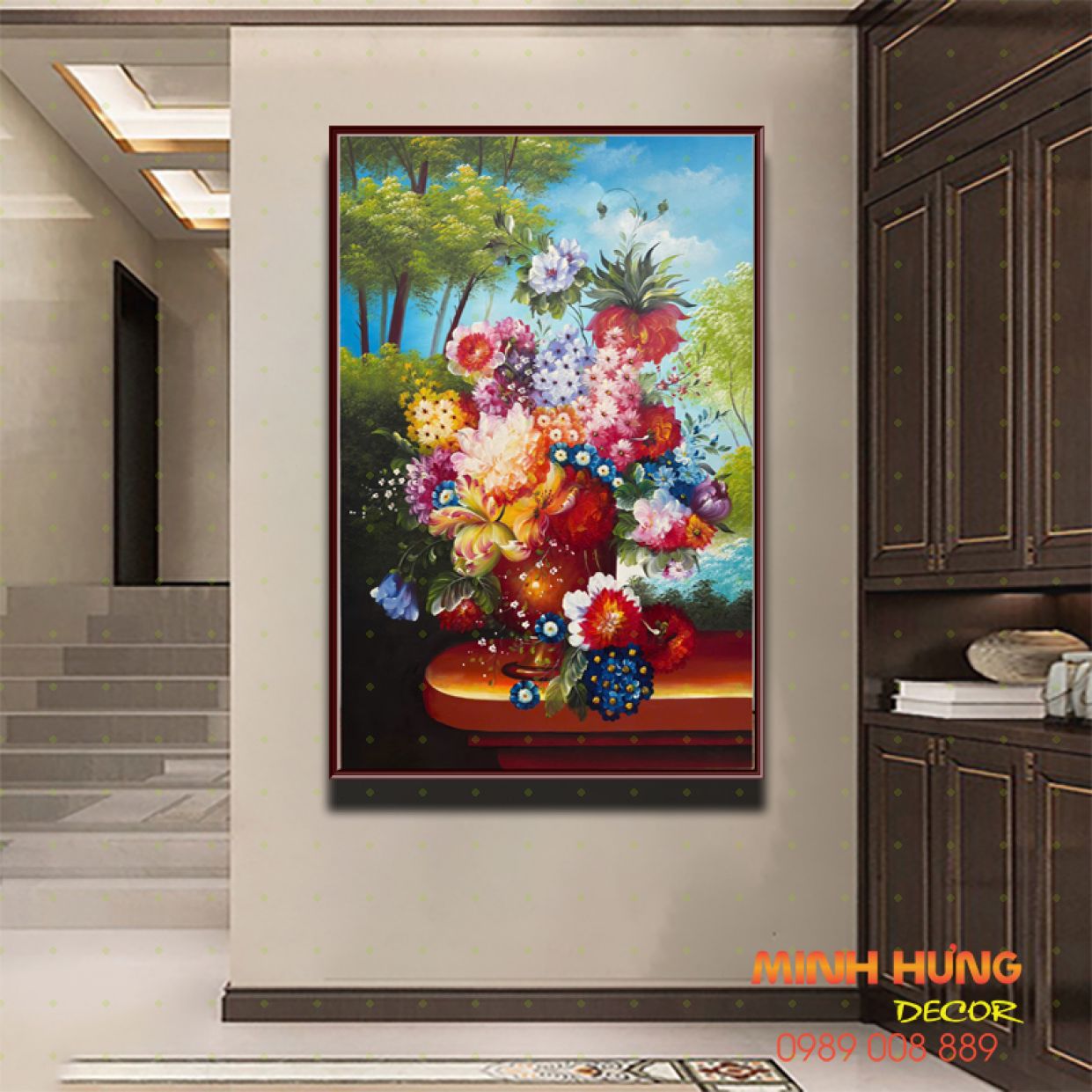 Tranh hoa mẫu đơn sắc màu đẹp STT439 tranh dầu khung cao cấp 