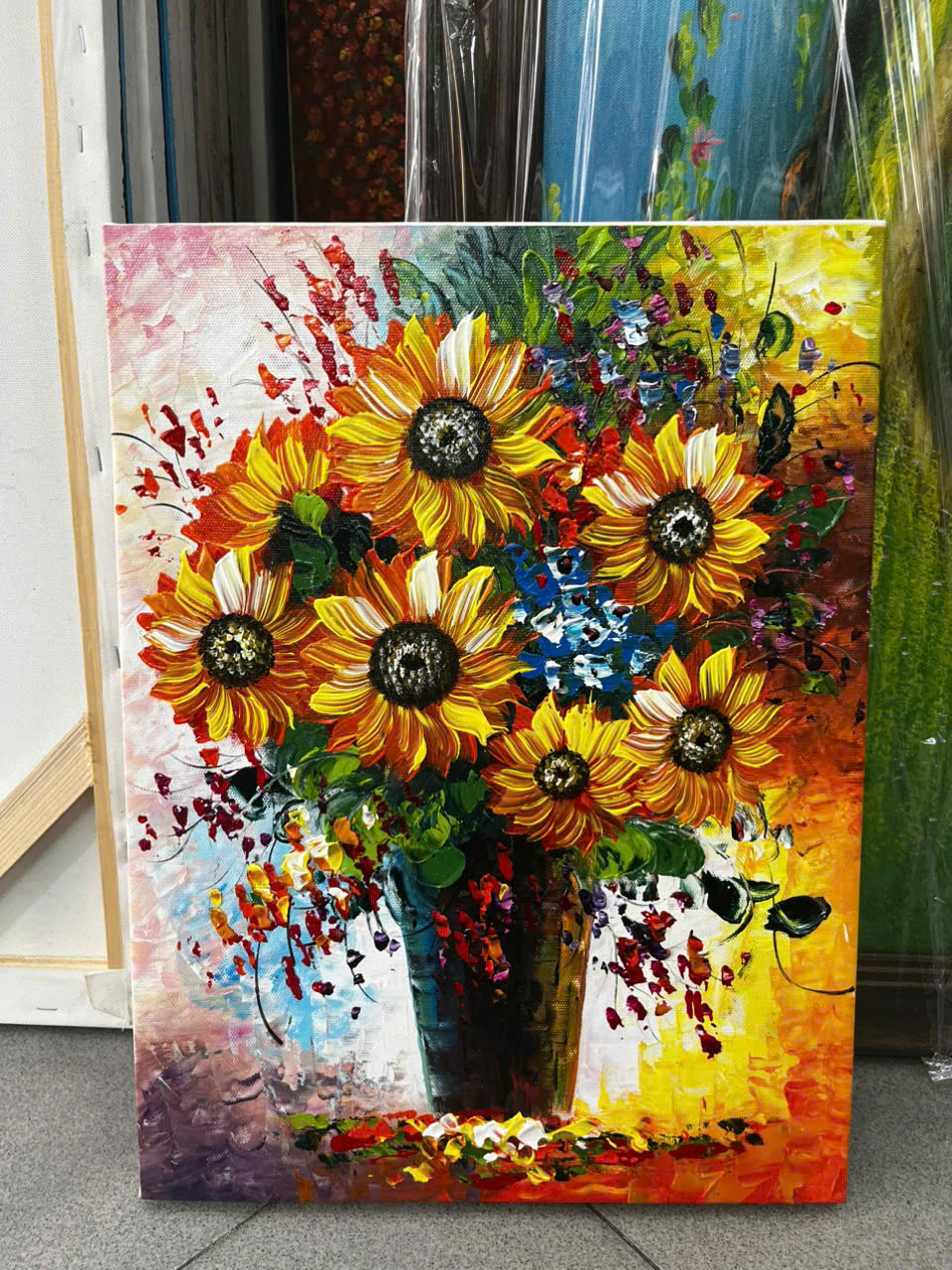 Tranh sơn dầu hoa hướng dương 40x30cm tinh tế, treo phòng khách