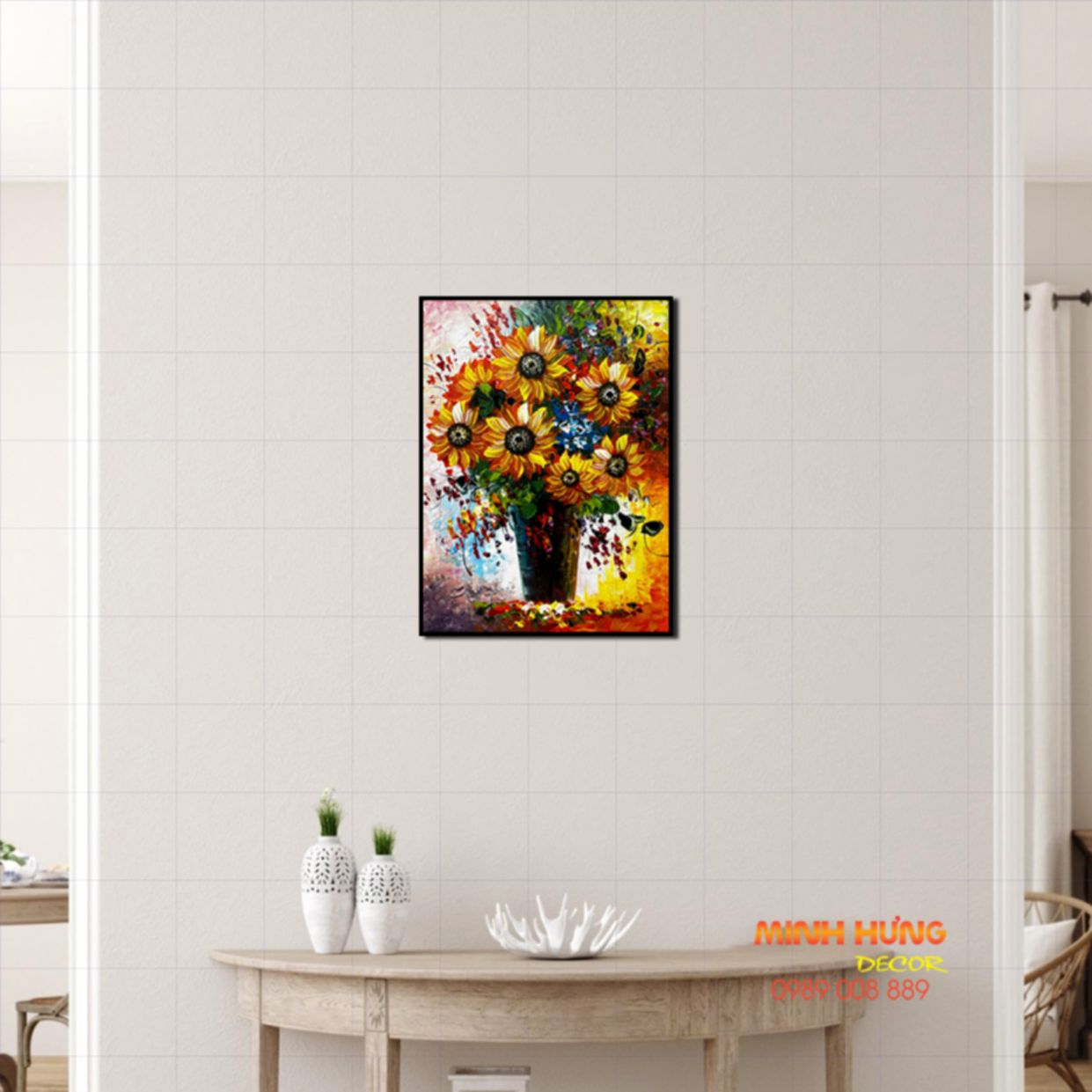 Tranh sơn dầu hoa hướng dương 40x30cm tinh tế, treo phòng khách 