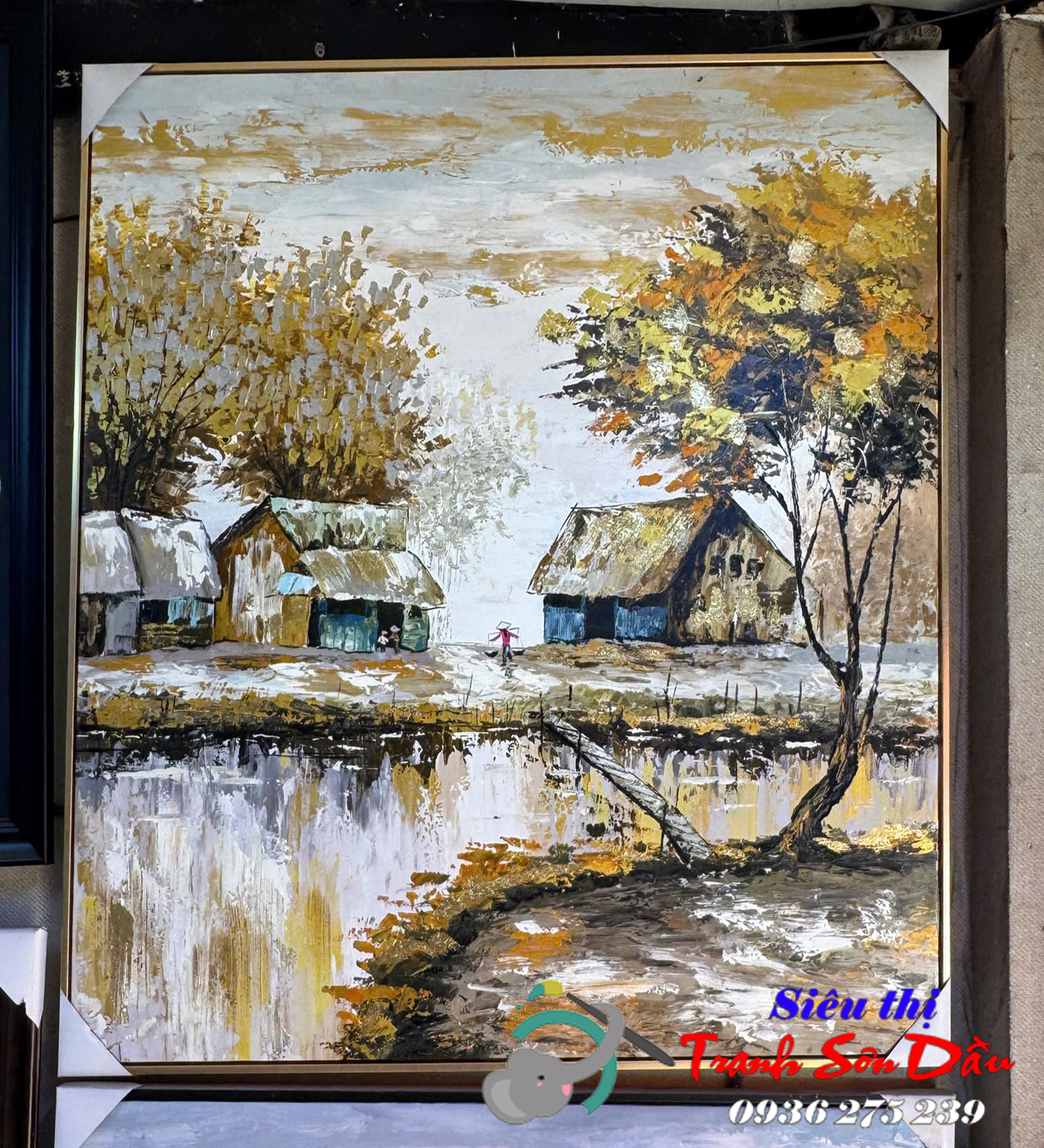 Tranh sơn dầu ngôi làng nhỏ miền tây khung gỗ sang trọng