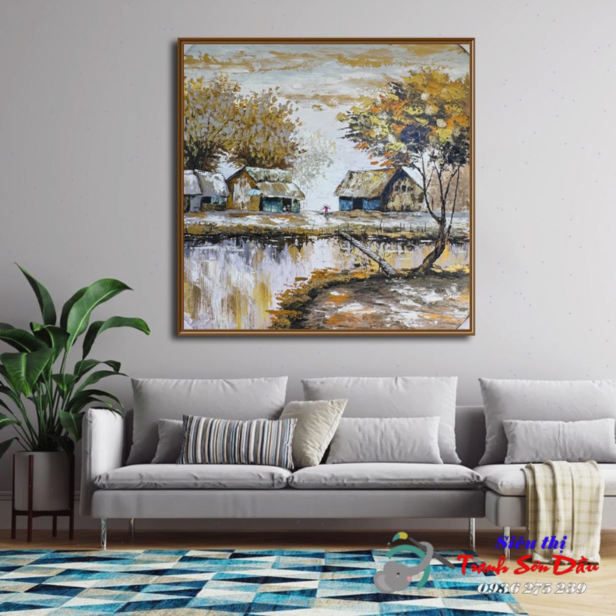Tranh sơn dầu ngôi làng nhỏ miền tây khung gỗ sang trọng 