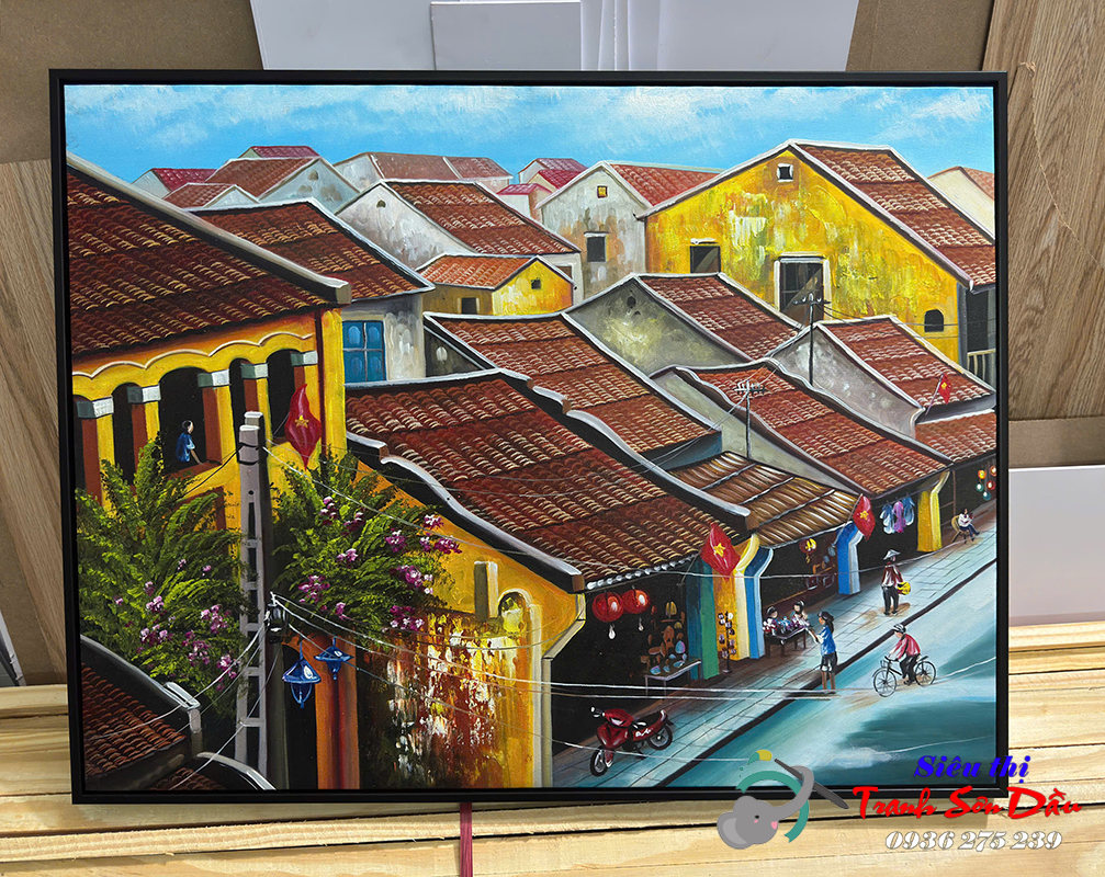 Tranh Sơn Dầu Mái Ngói Hội An 80x60 Trang Trí Phòng Khách