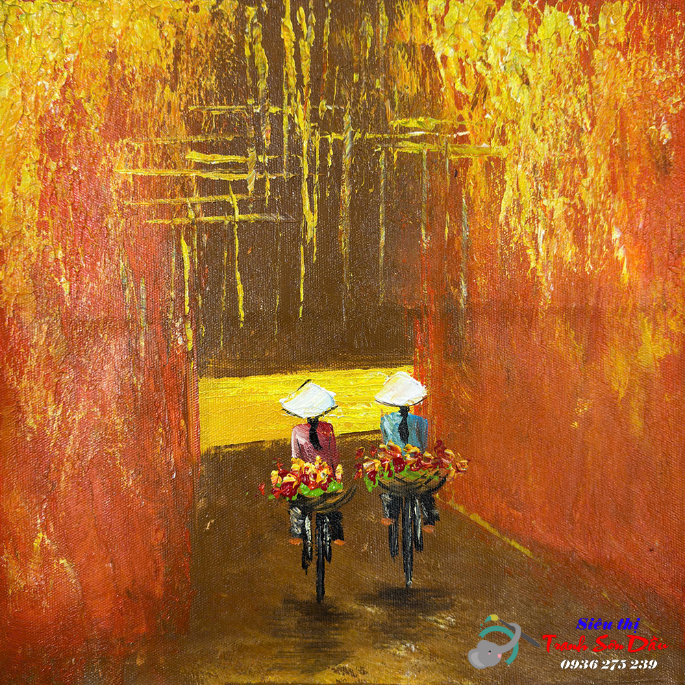 Tranh Sơn Dầu Phố Cổ Mùa Hoa Canvas Khung Composite 33cm