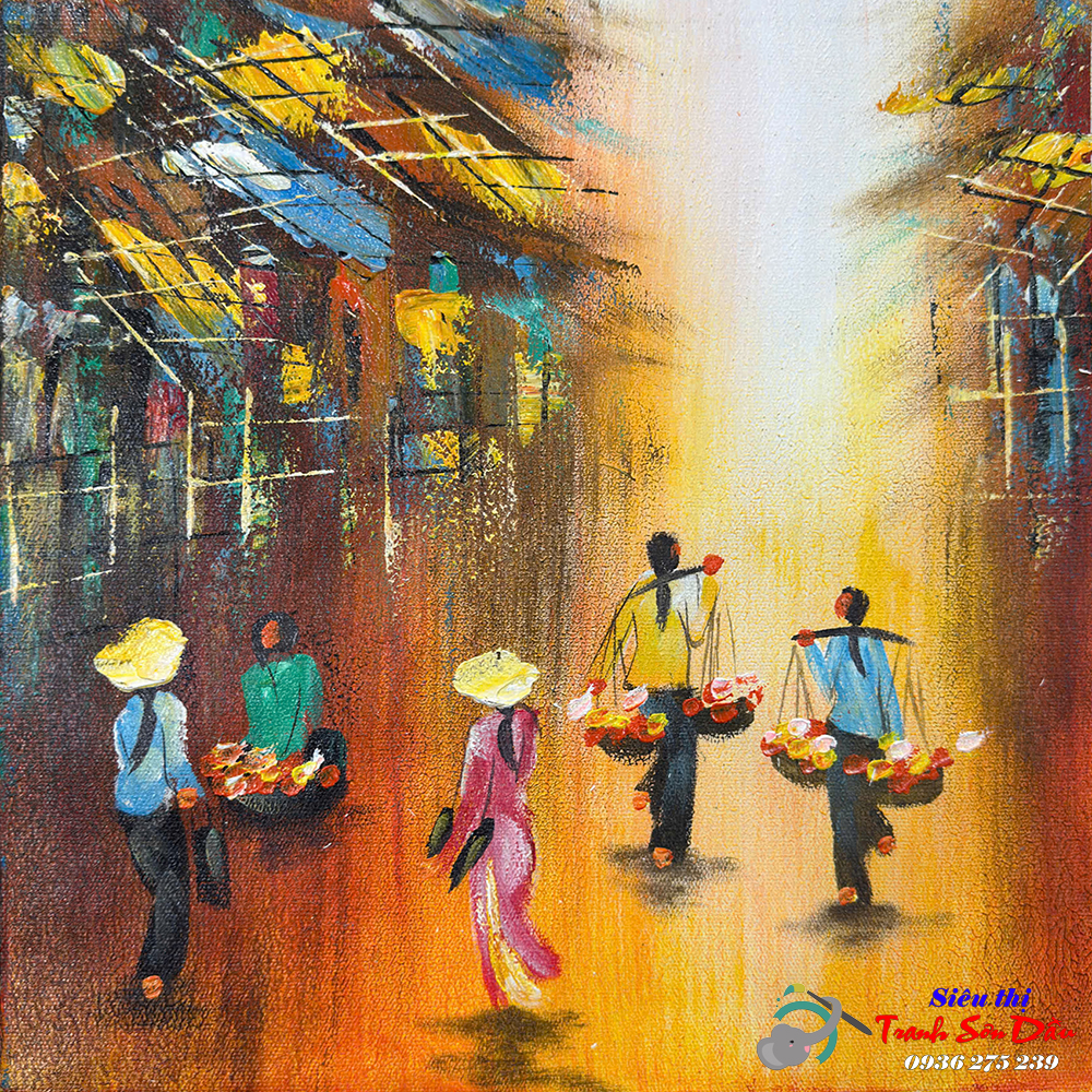 Tranh Sơn Dầu Nắng Sớm Chợ Quê Vẽ Tay Canvas Khung Gỗ