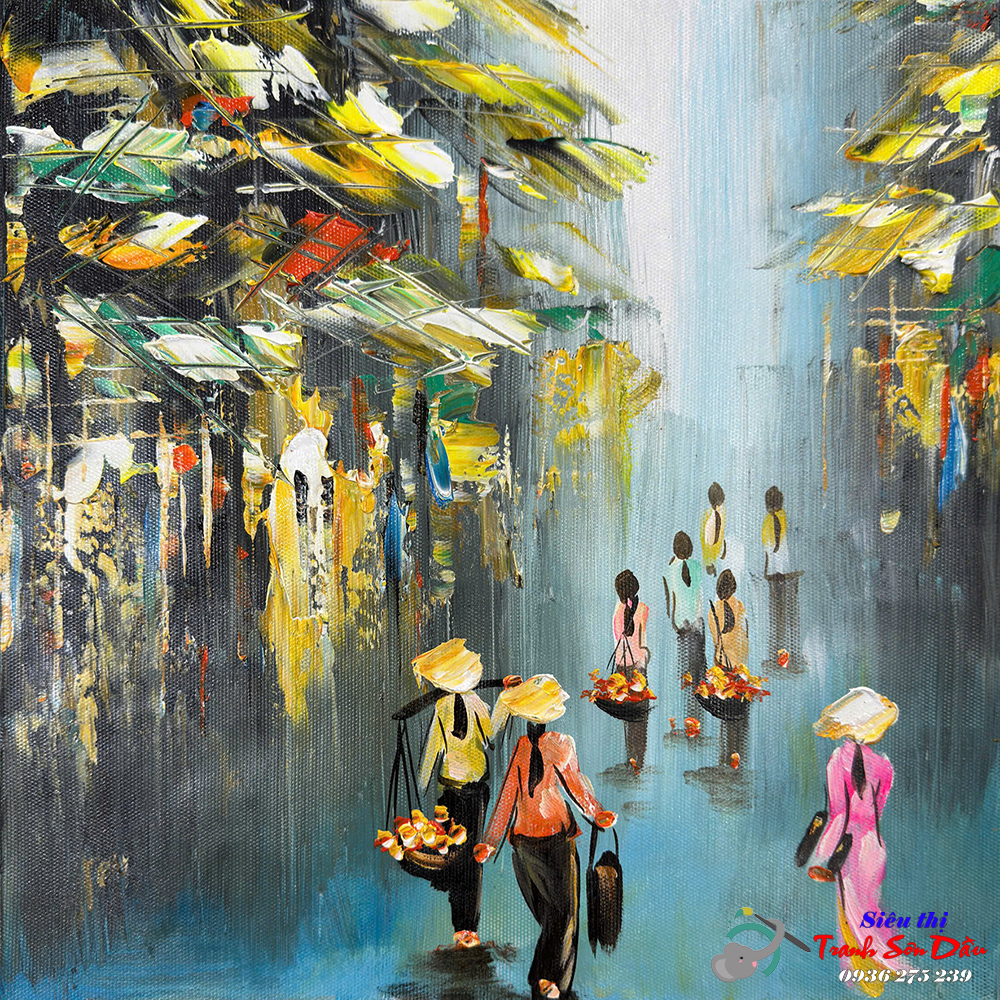 Tranh Sơn Dầu Chợ Quê Gánh Hoa Canvas Độc Bản