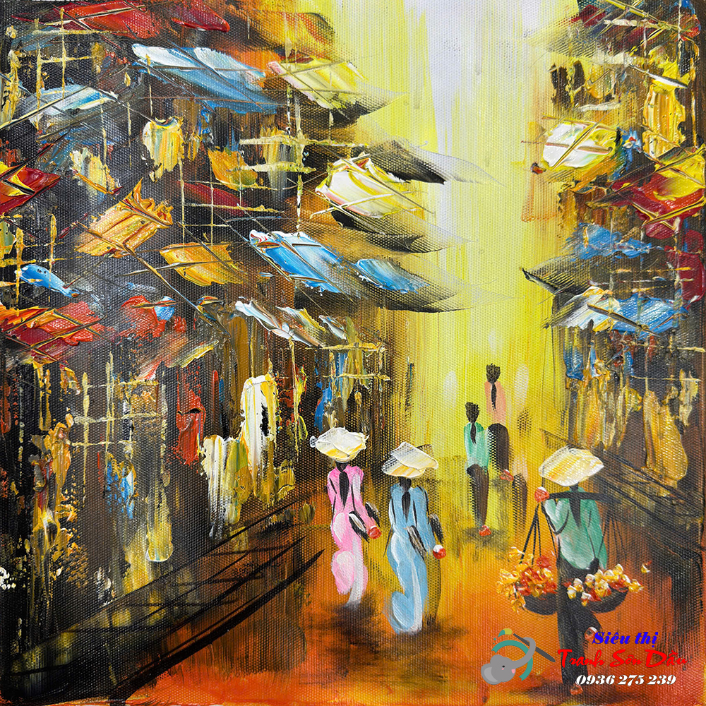 Tranh Sơn Dầu Trừu Tượng Phiên Chợ Quê Canvas 100% Handmade