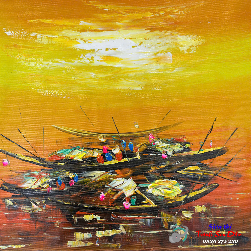 Tranh trừu tượng chợ chiều trên sông sơn dầu canvas khung composite