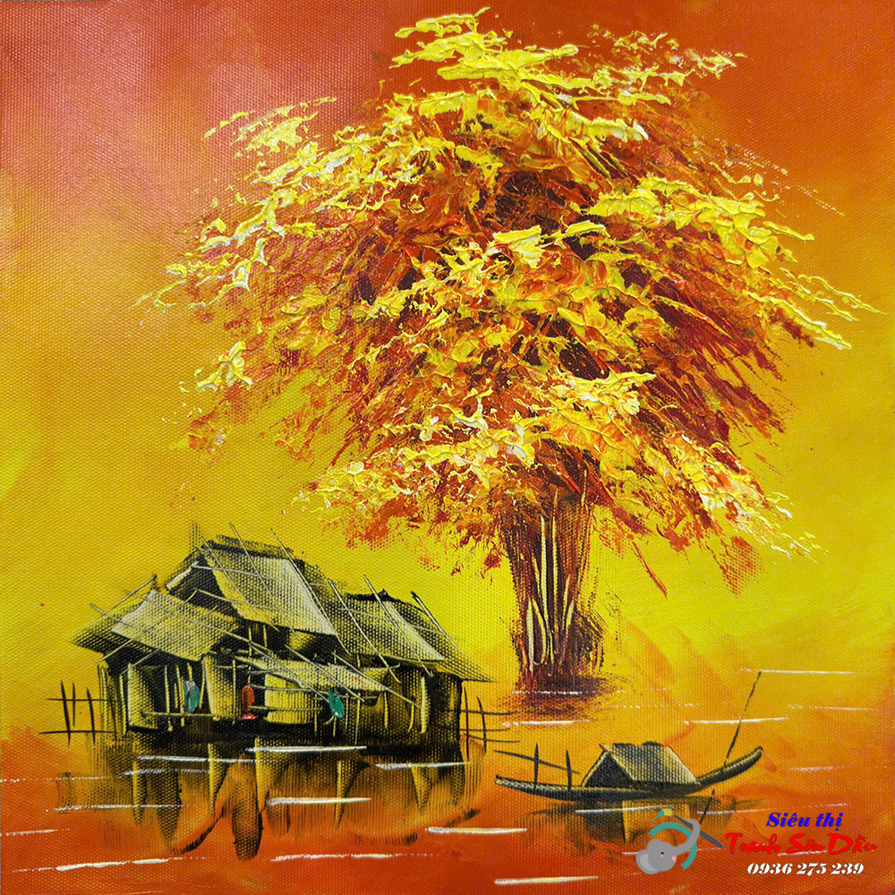 Tranh Sơn Dầu Trừu Tượng Nhà Ven Sông Vải Canvas 100% Tay Vẽ