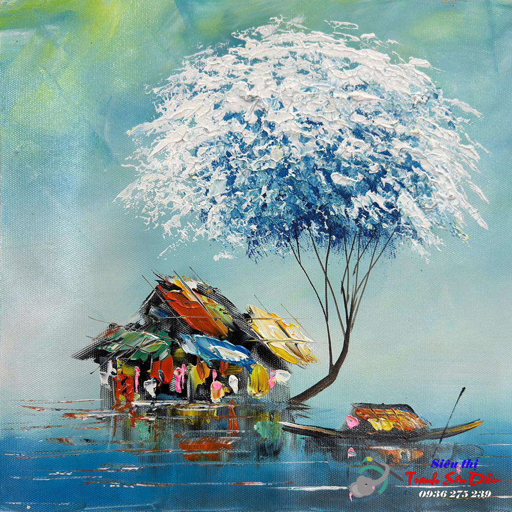 Tranh Sơn Dầu Trừu Tượng Miền Sông Nước Vải Canvas Khung Composite