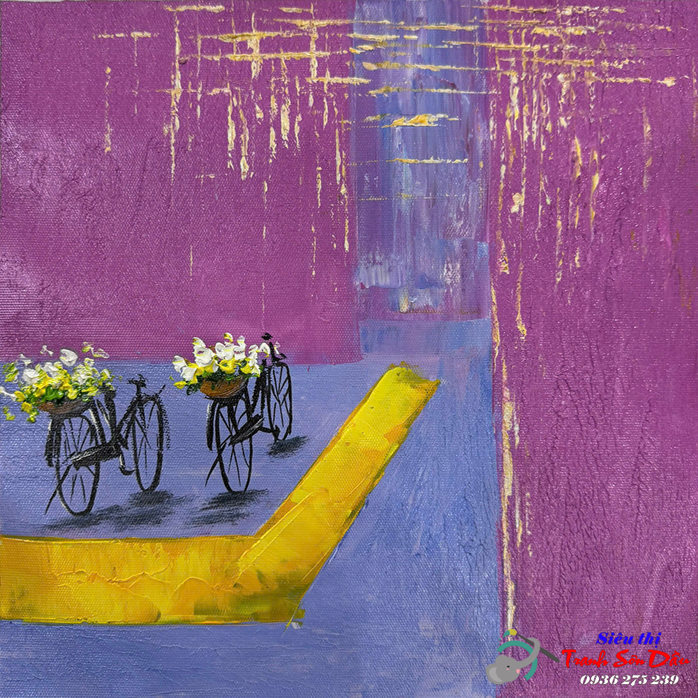 Tranh Trừu Tượng Xe Đạp Chở Hoa Sơn Dầu Canvas Khung Gỗ