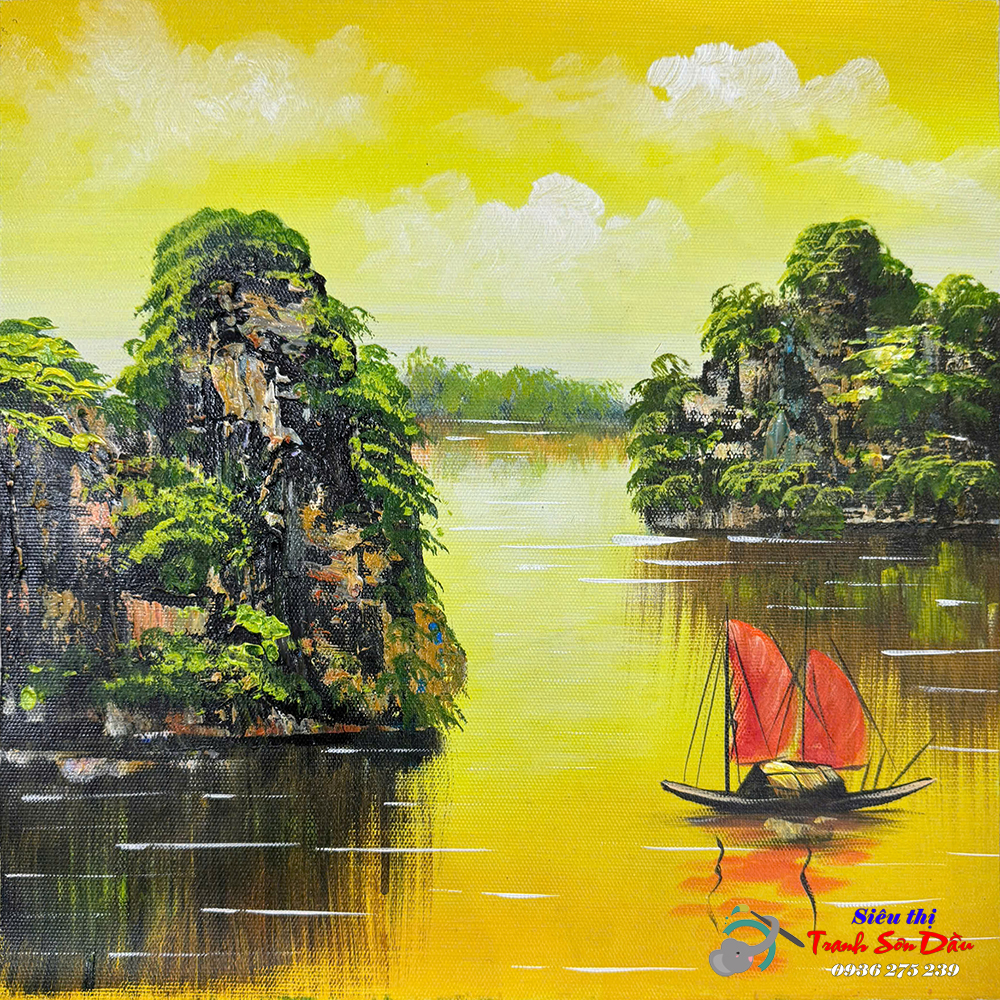 Tranh sơn dầu thuyền trên vịnh yên bình tinh xảo