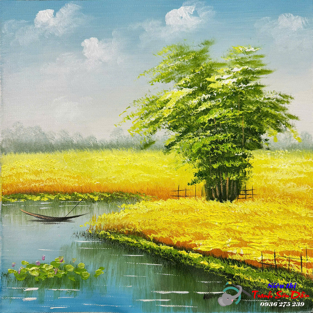 Tranh sơn dầu đồng quê mùa gặt đẹp vẽ tay canvas cao cấp