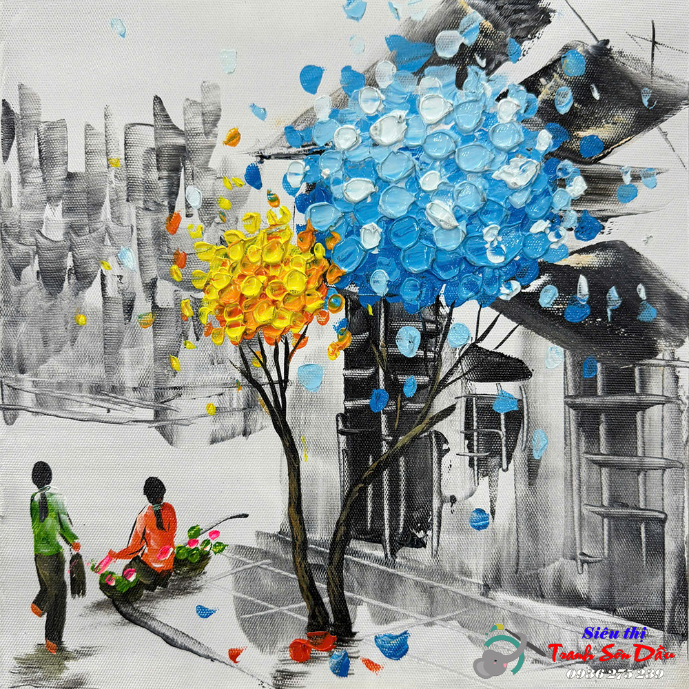 Tranh Sơn Dầu Trừu Tượng Bình Yên Góc Phố Canvas Khung Gỗ