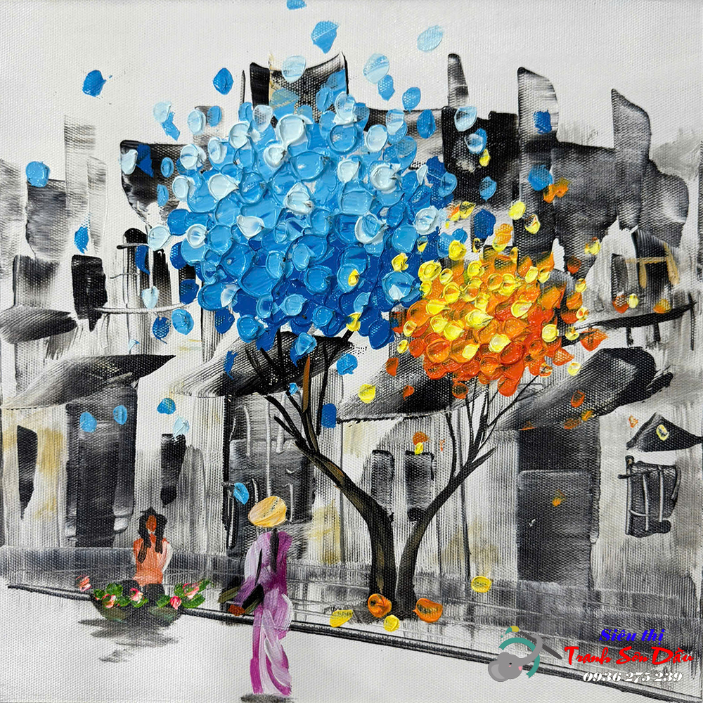 Tranh Sơn Dầu Nét Duyên Thị Thành Vải Canvas Khung Gỗ 33cm
