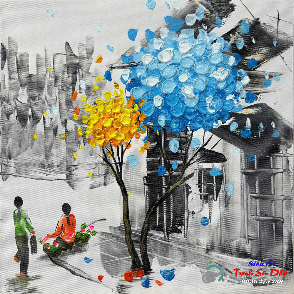 Tranh Sơn Dầu Trừu Tượng Phố Cũ Vẽ Tay Canvas Cao Cấp